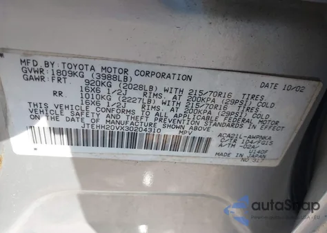 2003 Toyota Rav4 из США, поврежденный, VIN JTEHH20VX30204310